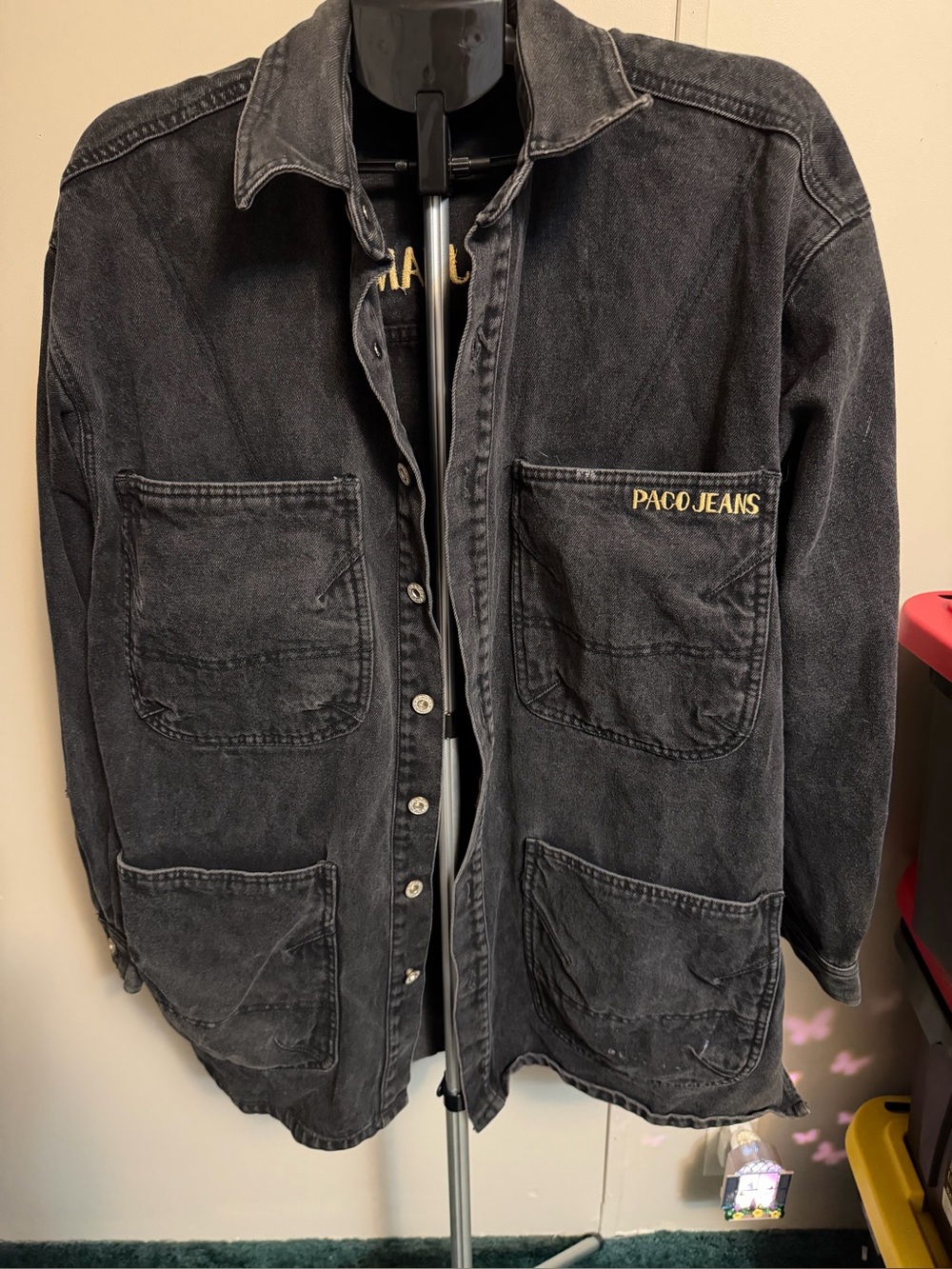 Vintage 90s Paco Sport Black Denim Utility Chore Jacket Oversized Mens XL